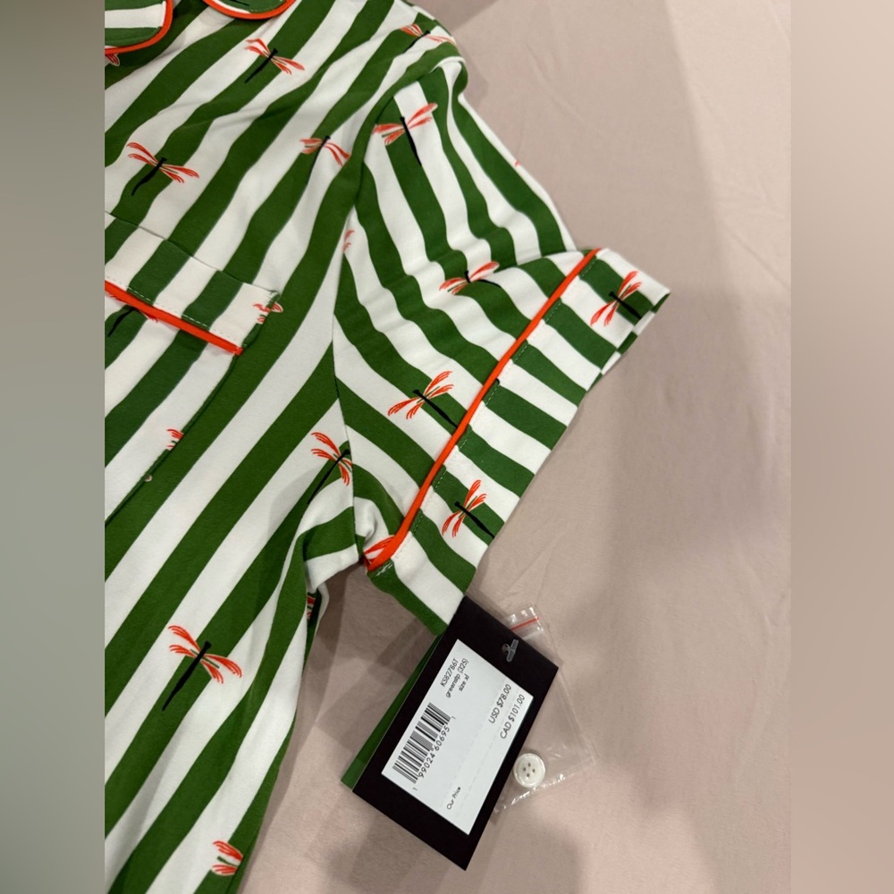 kate spade Green and White Striped Short Pajama Set with Coral Trim - Picture 2 of 8